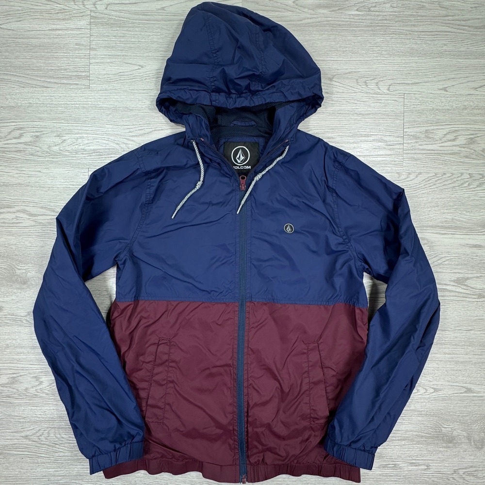 Volcom Mens Jacket Windbreaker Colorblock Blue Burgundy Small Hooded Waterresist